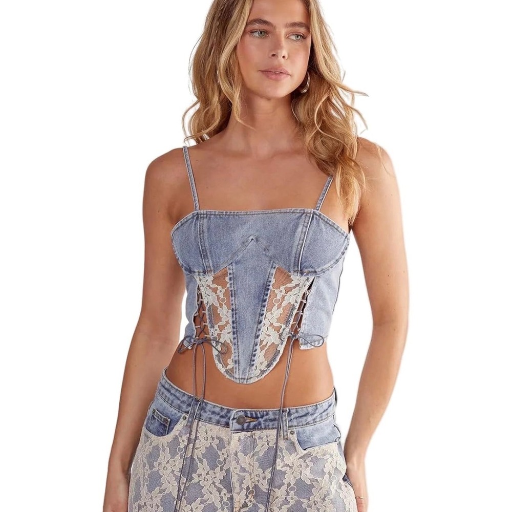 NWT Nasty Gal Lace Detail‎ Denim Corset Top Lace Up Blue Size 12